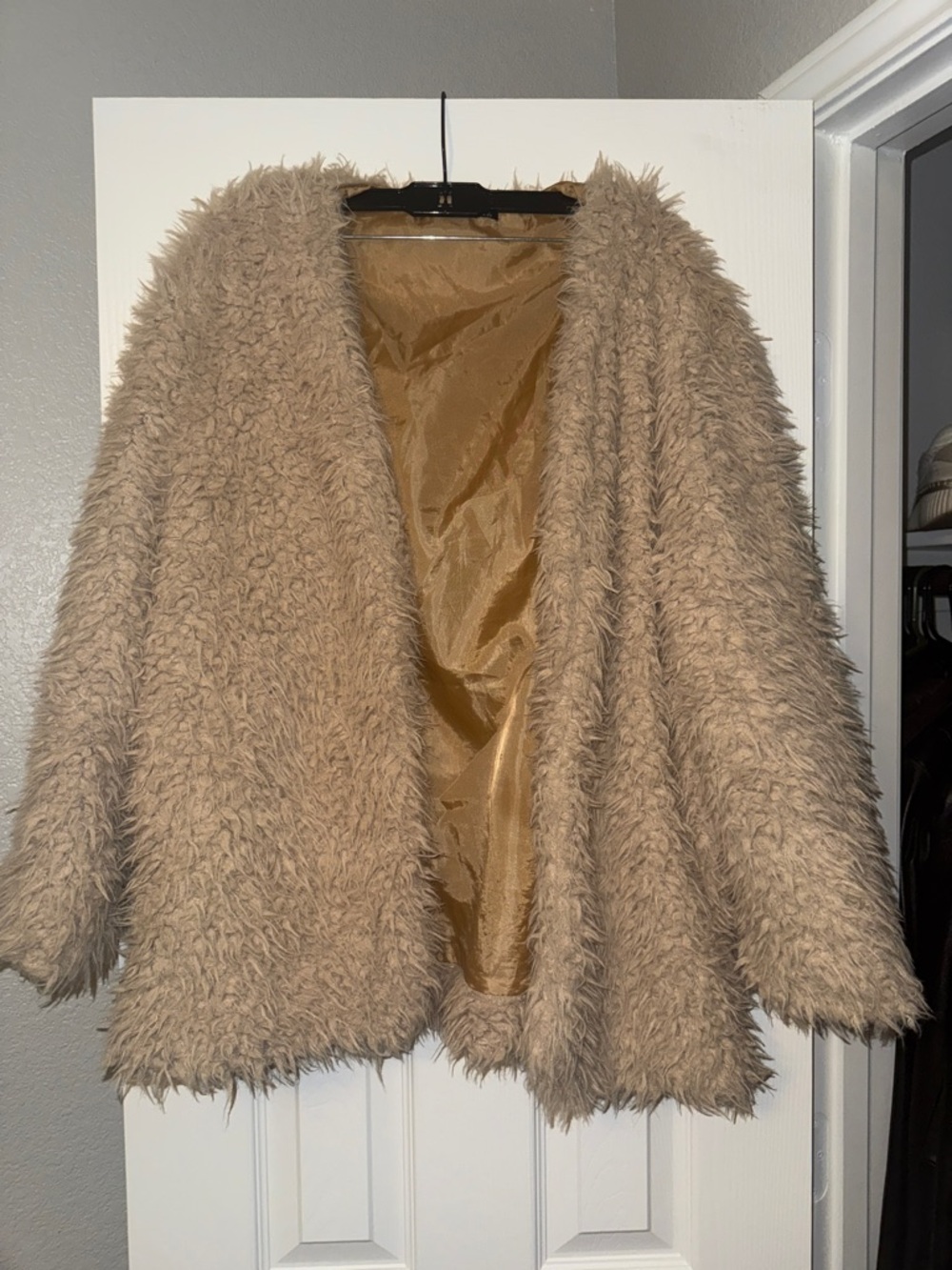 Cozy Open-Front Teddy Jacket in Tan
